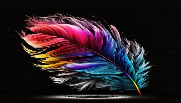 a multicolored feather on a black background with a reflection of the light coming from it's center point and the tail of the feather.  generative ai
