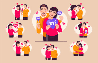 Obraz na płótnie Canvas Valentine's day character set collection bundle isolated. Couples in love celebrate Valentine's day or anniversary. Cuddling man and woman characters, smiling and celebrating. Flat-style vector avatar