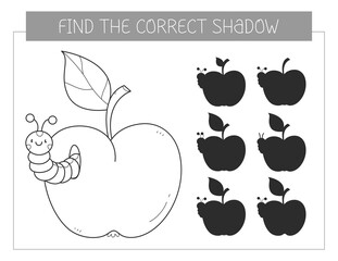 Find the correct shadow coloring book with an apple and caterpillar. Coloring page educational game for kids. Cute cartoon apple with worm. Shadow matching game.