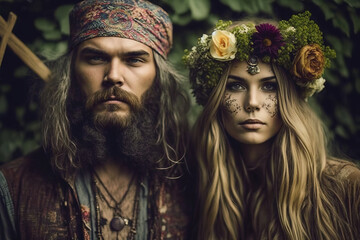 Pareja de hippies con aspecto de 1970