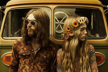 Pareja de hippies con aspecto de 1970