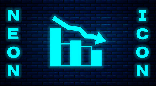 Glowing neon Financial growth decrease icon isolated on brick wall background. Increasing revenue. Vector