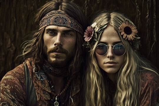 Pareja de hippies con aspecto de 1970