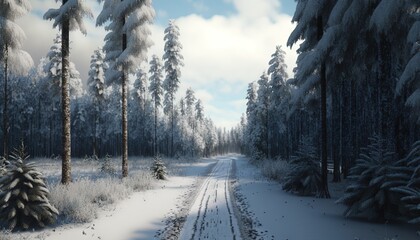  a snow covered road in a forest with lots of trees on both sides of the road and snow on the ground on both sides of the road.  generative ai