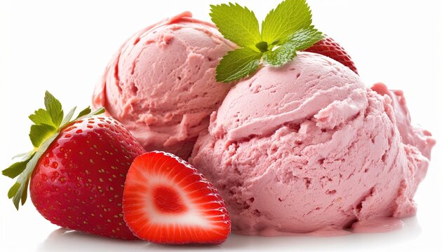  two scoops of ice cream with a strawberry on the top and a green leaf on the top of one of the two scoops.  generative ai