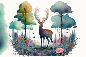 creative watercolor illustration of a young deer with antlers in the forest on a white background. Generative AI