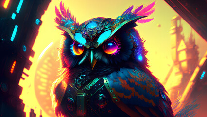 Illustration of  a cyberpunk owl with metallic feathers in vivid colors