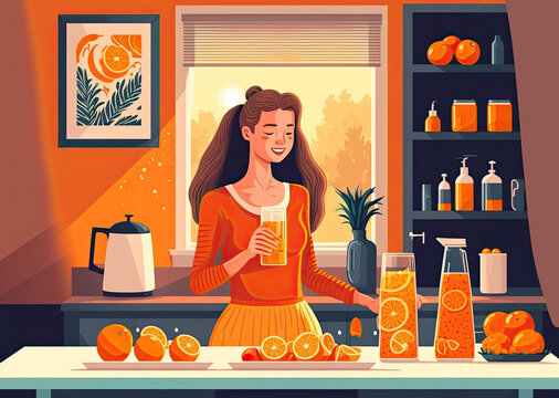 flat illustration of a woman squeezing orange juice from oranges. Generative AI