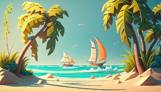  a painting of a beach with palm trees and sailboats in the water and a bird flying over the beach and a bird flying over the water.  generative ai