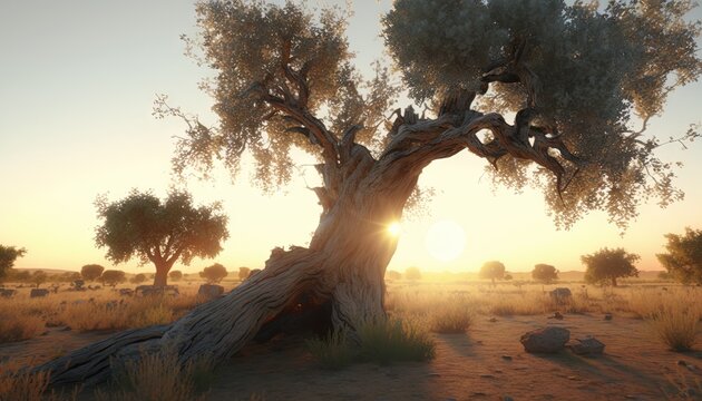  the sun is setting behind a tree in a desert area with rocks and grass in the foreground and a few bushes in the foreground.  generative ai