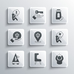 Set Armchair, Anger, Head with heart, Psychology, Psi, Metronome pendulum, Man graves funeral sorrow and Sedative pills icon. Vector