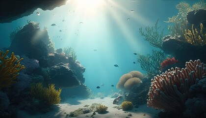  an underwater scene of a coral reef with fish and corals and sunbeams in the background, with sunlight streaming through the water.  generative ai