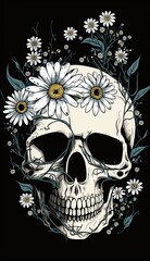  a skull with daisies on it's head and a flower crown on its head, with a black background and white daisies in the foreground.  generative ai