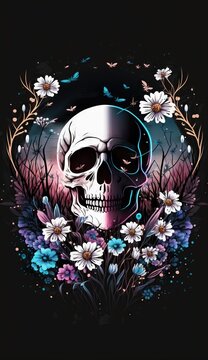  a skull with flowers and butterflies on a black background with the moon in the sky above it, and a purple and blue background with white flowers.  generative ai