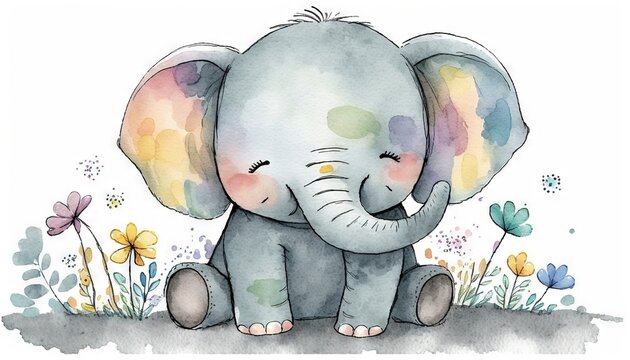  a watercolor painting of an elephant sitting in a field with flowers and butterflies on it's back legs, with its trunk up to the ground.  generative ai
