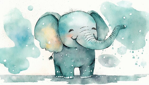  a watercolor drawing of an elephant with a blue background and a yellow trunk and trunk, with a white background and a blue sky with clouds.  generative ai