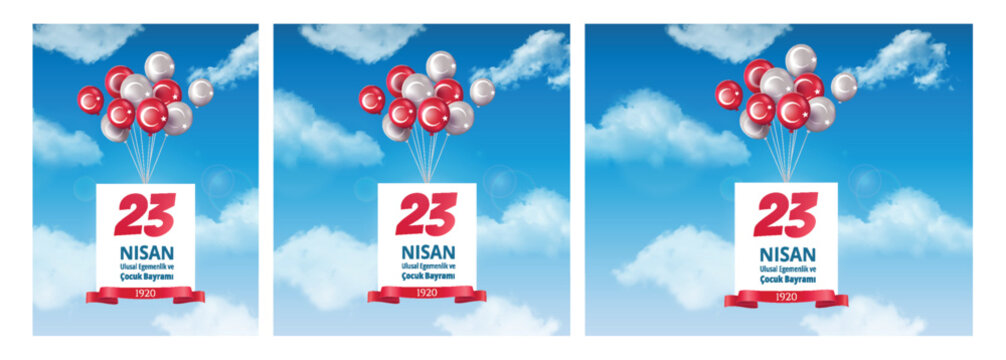 23 Turkey banner in sky. Cultural traditional holiday, collection of graphic elements for website. Freedom and independence concept. Cartoon flat vector illustrations isolated on white background
