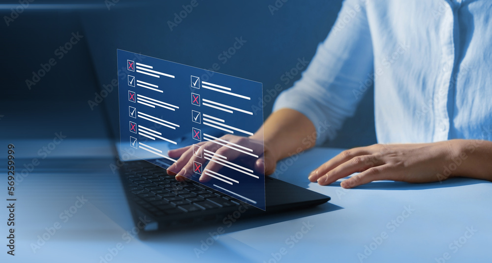 Aufkleber Survey form concept. Check marks on checklist and Filling online form or answering questions. Customer Experiences and satisfaction concept.