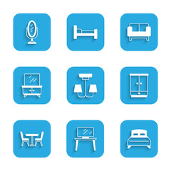 Set Chandelier, TV table stand, Big bed, Wardrobe, Table with chair, Dressing, Sofa and Mirror icon. Vector