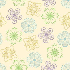 Floral seamless pattern. Line art blooming flowers in flat style. Trendy outline symbols. Decorative design element for printing or interior.