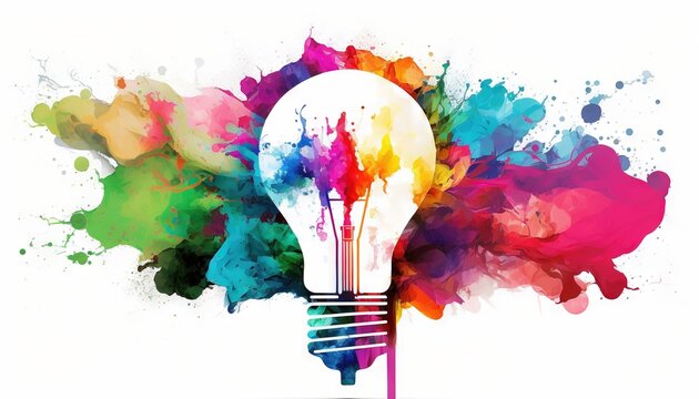  a colorful light bulb with a splash of paint on it's side and a white background with a splash of paint on it's side.  generative ai