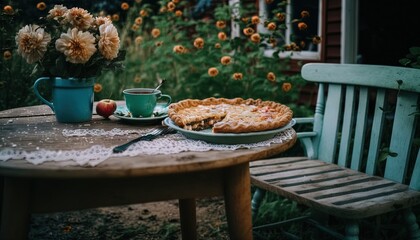  a table with a pie and a cup of coffee on it and a vase of flowers on the table next to the table is a bench.  generative ai