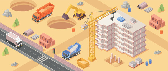 Building process concept. Construction of skyscrapers, transport with materials, bulldozer and crane. Urban architecture and building construction metaphor. Cartoon isometric vector illustration