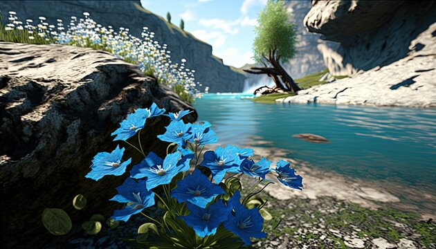  A Blue Flower Is Growing Out Of A Rock Near A River And A Cliff With A Waterfall In The Background And A Fish Swimming In The Water.  Generative Ai