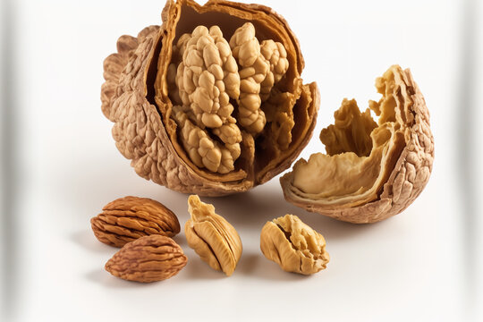 Nuts, isolated walnut kernel on a white backdrop. Generative AI