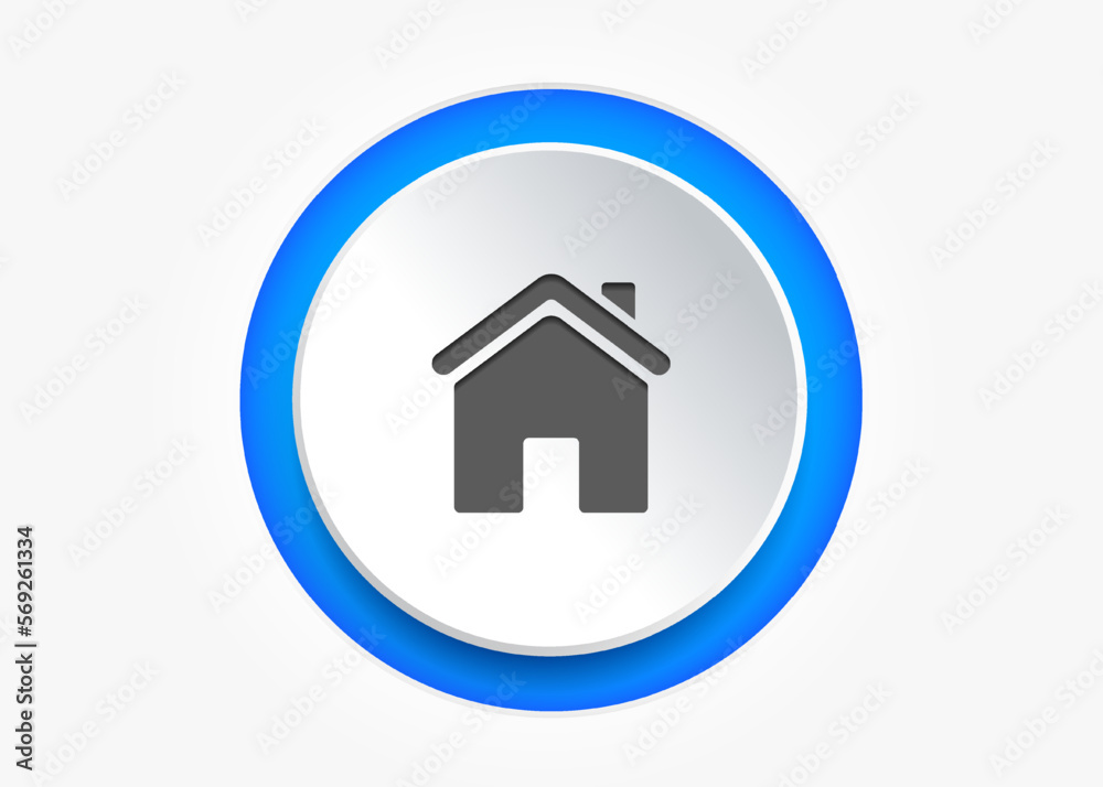 Poster minimal modern home, homepage, base, main page, house push button icon emblem symbol, sign. 3d blue 