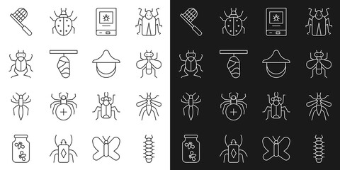 Set line Centipede, Mosquito, Insect fly, Book about insect, Butterfly cocoon, Beetle bug, net and Beekeeper hat icon. Vector