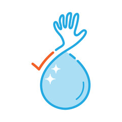 Raise hand symbol merged with water drop shape and check mark icon. Human right to clean water concept. Vector illustration outline flat design style.