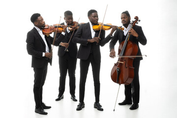 Studio portrait of a string quartet on a white background. African americans