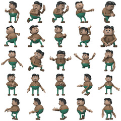 The man  with mustache wearing a brown long shirt green pants is expression of body or doing exercise. 3d rendering of cartoon character in acting.