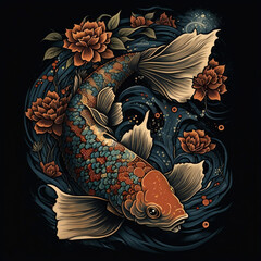 Japanese Koi Carp Swimming in water with flowers on black background, Asian carp