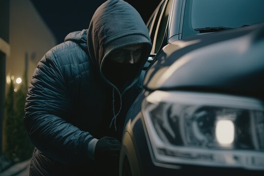  a man in a hoodie is opening the door of a car at night with his hands on the front bumper of the car and his headlight on.  generative ai