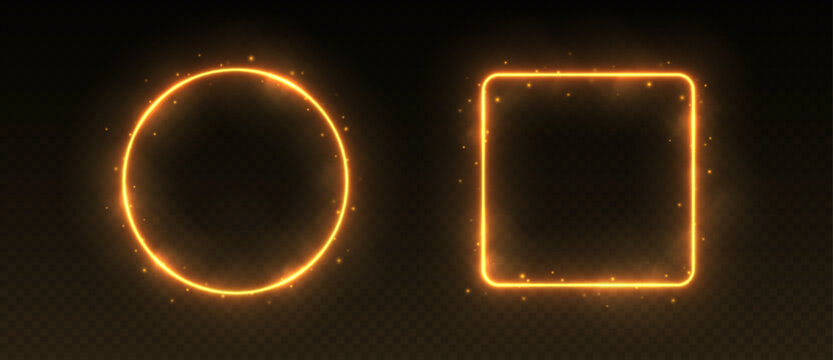 Golden neon frames with smoke and sparkles, fire borders concept. Circle and rectangle avatar frames for game UI. Vector illustration.