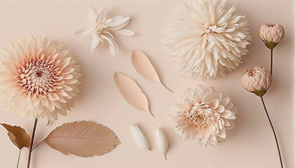  a group of flowers on a pink background with leaves and petals on the bottom of the image and the bottom of the image with the petals on the bottom of the image.  generative ai