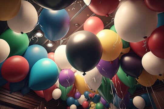  a room filled with lots of balloons floating in the air over a floor covered in wooden flooring and a ceiling covered in a wooden panel.  generative ai