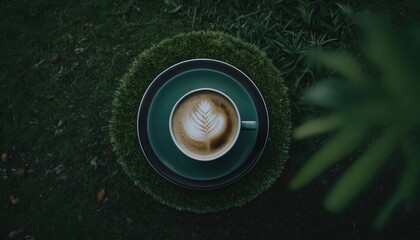  a cup of coffee on a saucer in the grass with a leaf on top of the foam in the middle of the cup is a green saucer.  generative ai