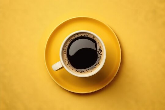  a cup of coffee on a saucer on a yellow table top with a yellow background and a black spot in the middle of the cup. generative ai © Shanti