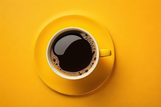  a cup of coffee on a saucer on a yellow background with a shadow of a cup of coffee on the saucer, top view from above. generative ai © Shanti