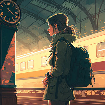 young woman with backpack waiting for a train at the station. Generative AI