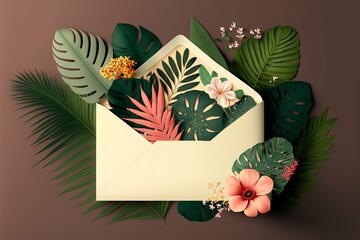 An envelope surrounded leafs and flowers, generative ai	
