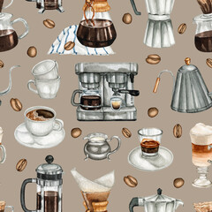 Watercolour coffee drink hand drawn seamless patterns