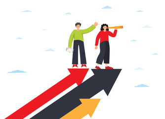 People holding telescope, generating ideas,looking for decisions, idea management, flat vector illustration