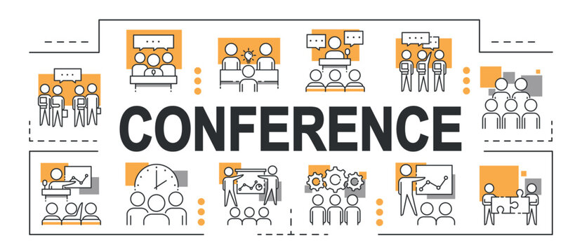Conference banner concept. Collection of icons for website. Cooperation and collaboration, teamwork. Lecture and public speaking. Cartoon flat vector illustrations isolated on white background