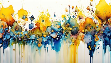  an abstract painting of yellow and blue flowers on a white background with a splash of paint on the bottom of the painting and the bottom half of the painting.  generative ai