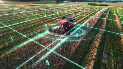 Innovation autonomous self-driving combine harvester of the future with autopilot harvests grain field, scanning the environment with sensors. Smart farming, controlled by artificial intelligence. 4k - Powered by Adobe