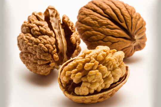 Nuts, isolated walnut kernel on a white backdrop. Generative AI